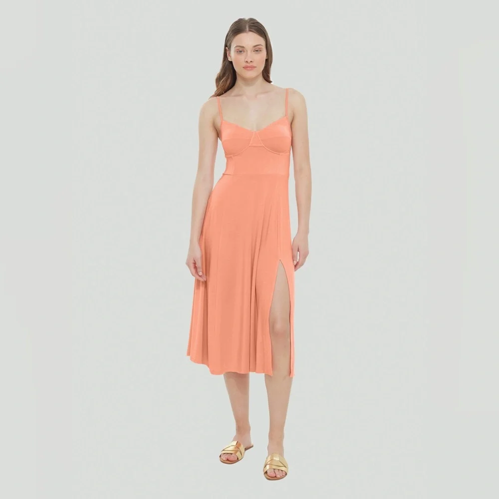 DEX Structured Bodice Coral Peach Pink Spaghetti Straps Knit Midi Dress - Picture 3 of 3